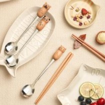 可愛動物櫸木拼接不鏽鋼便攜餐具套裝